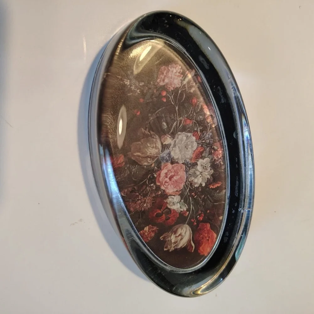 Vtg Italian Oval Floral Paper Weight Romantic Dark Moody Black Pink Felt Bottom